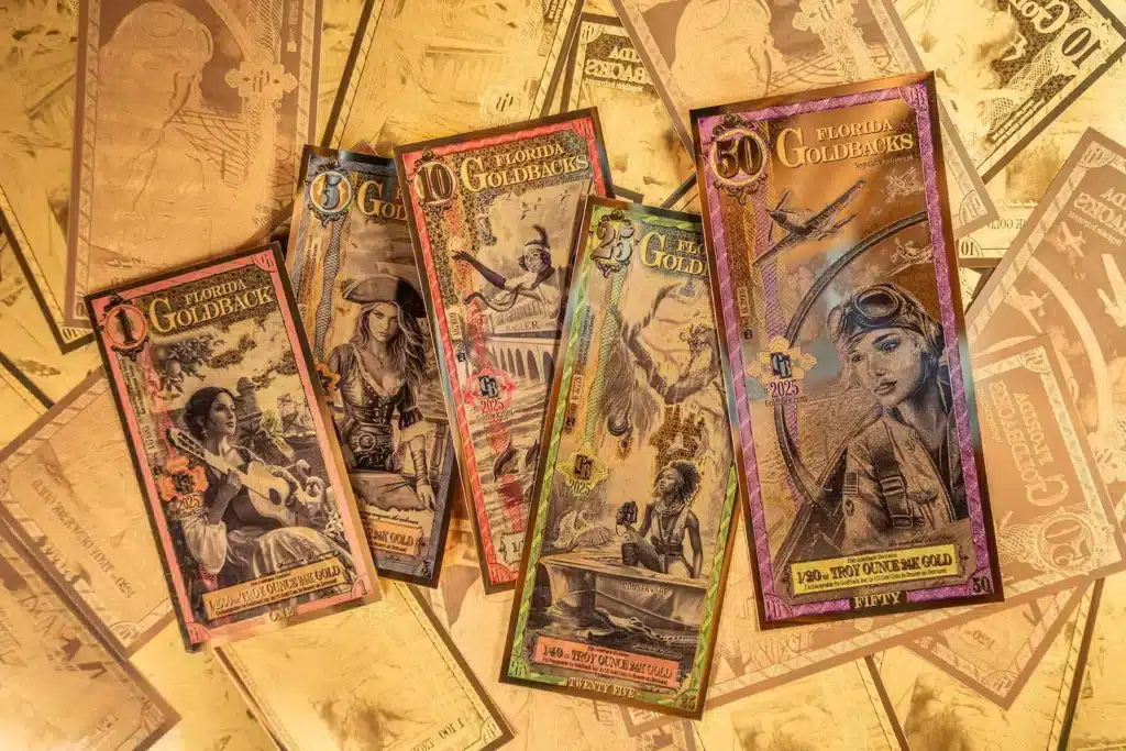 Goldback fractional 24K gold currency shown in multiple denominations, a spendable and portable form of physical gold