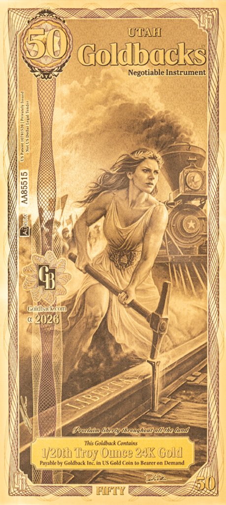 Goldback 100 denomination note displayed showing detailed design and gold backing